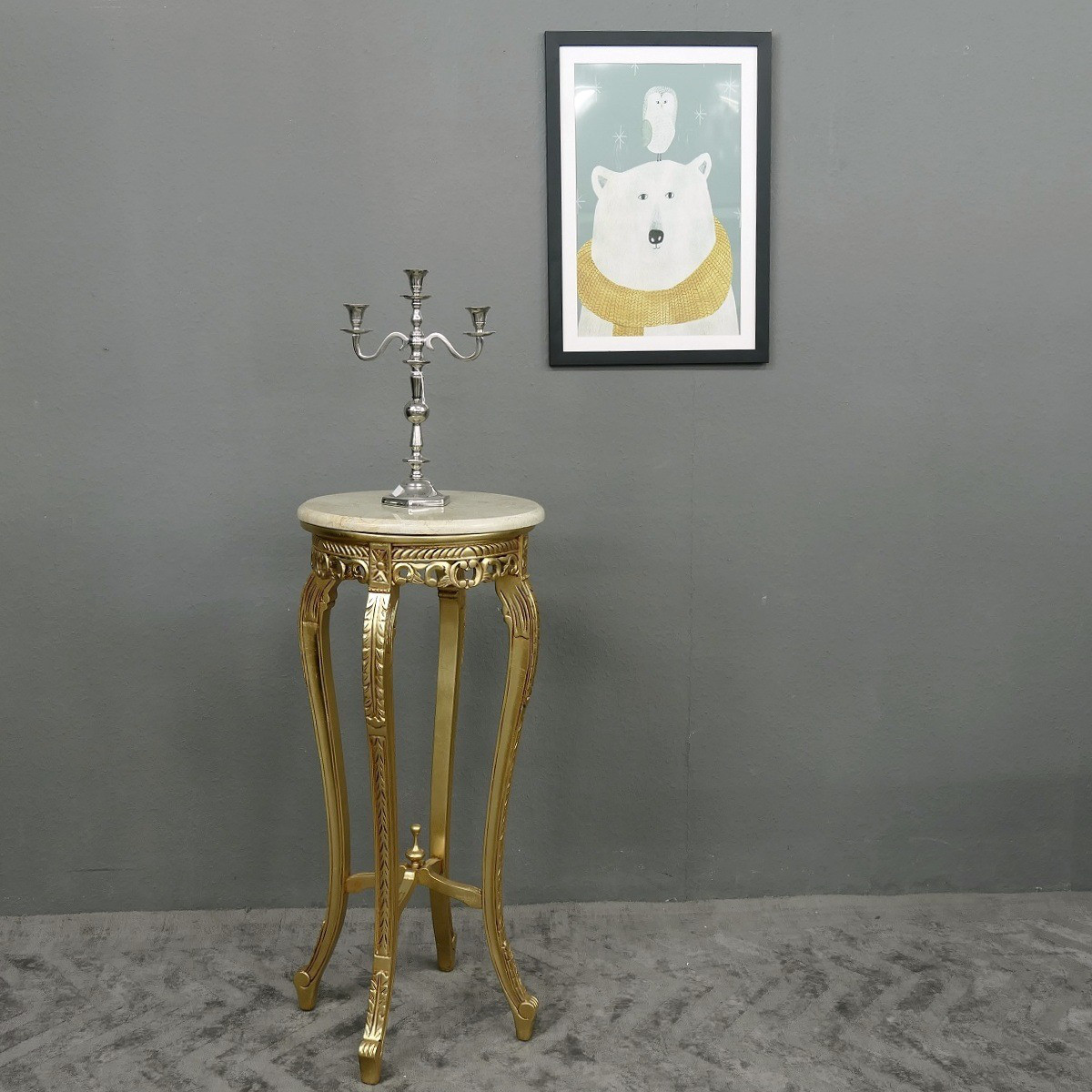 Blumenständer Beistelltisch Tisch aus Mahagoni Farbe Gold Handarbeit Marmortop